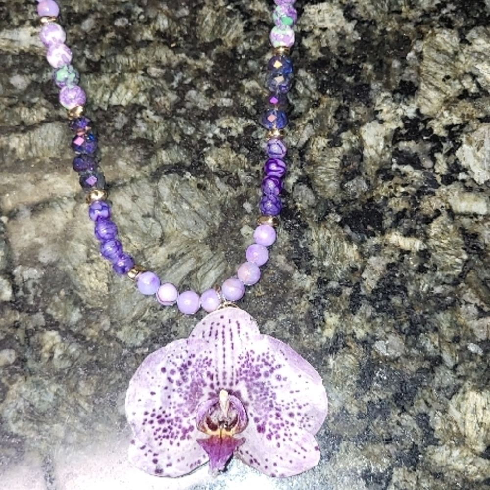Purple Beaded Necklace with Orchid Pendant